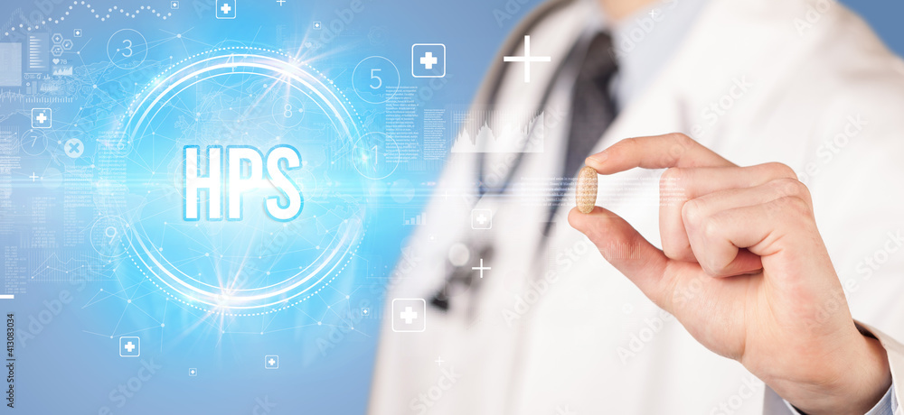 Close-up of a doctor giving you a pill with HPS abbreviation, virology concept Close-up of a doctor giving you a pill with HPS abbreviation, virology concept