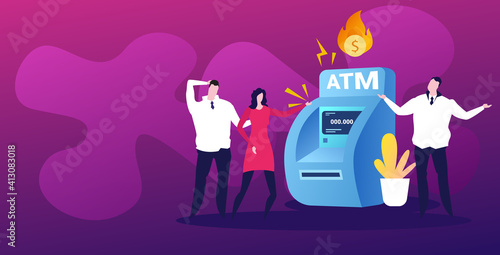 sad businesspeople near ATM machine with flaming dollar symbol financial crisis transaction denied locked bank credit card bankruptcy concept horizontal full length vector illustration