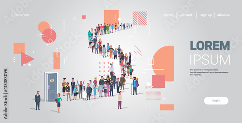 businesspeople candidates standing in line queue to door office hiring job employment concept different occupation workers group waiting for interview horizontal full length copy space vector
