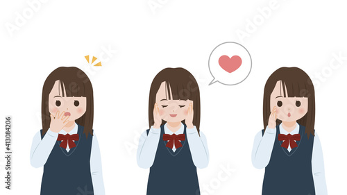 学生　女子生徒　美少女　恥ずかしい　照れる　ポーズ　上半身　イラスト素材