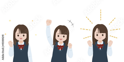 学生　女子生徒　美少女　ガッツポーズ　喜ぶ　嬉しい　上半身　イラスト素材