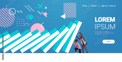 businesspeople couple trying to stop falling domino effect crisis management chain reaction finance intervention conflict prevention concept horizontal full length copy space vector illustration