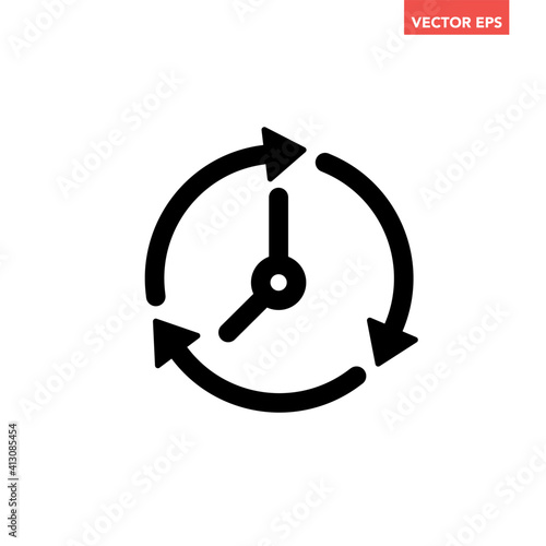 Black update time icon, simple line round change clock face flat design vector pictogram, infographic vector for app logo web website button ui ux interface elements isolated on white background