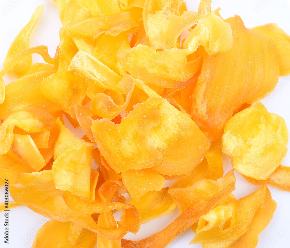 Vacuum fried JackFruit Chips in plate isolated on the white background Vacuum fried JackFruit Chips in plate isolated on the white background