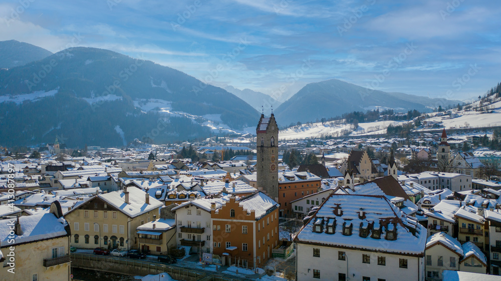 Twelve o'clock Tower in Vipiteno - Sterzing: is a little town in South Tyrol in Wipptal, northern Italy. Aerial view of the old city center with 