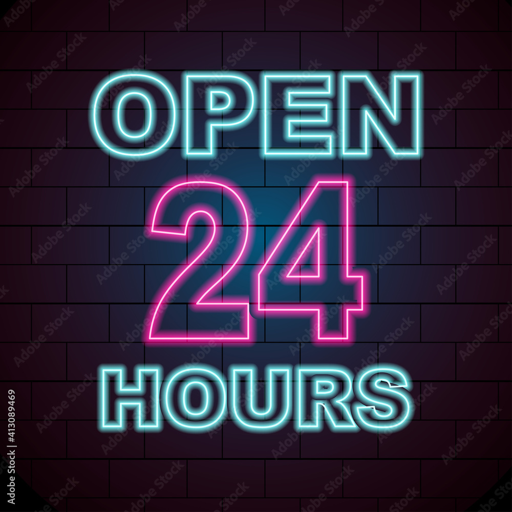 glowing neon open 24 hours sign template	