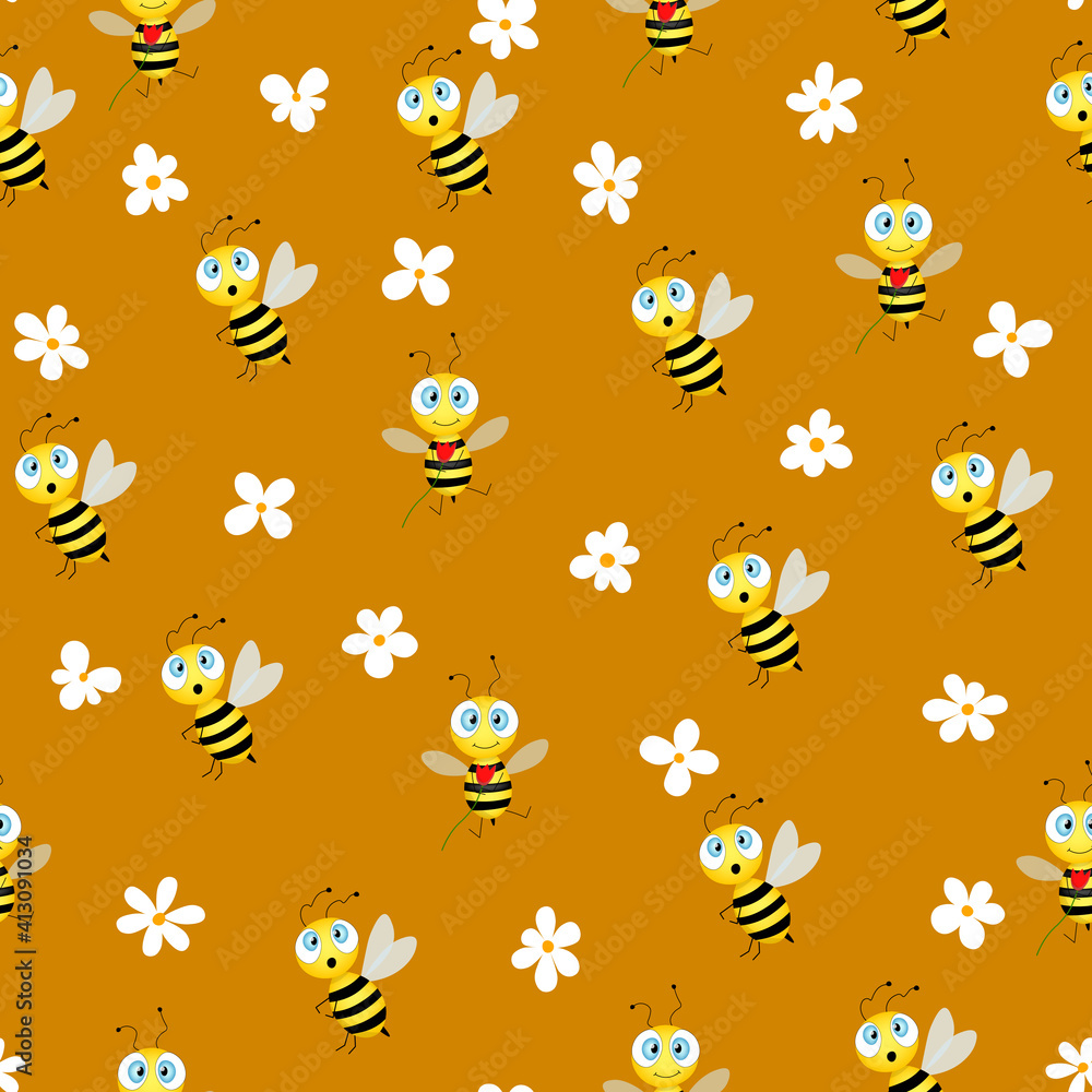 Seamless pattern with bees and flowers on brown background. Vector illustration. Adorable cartoon character. Template design for invitation, cards, textile, fabric. Doodle style. Seamless pattern with bees and flowers on brown background. Vector illustration. Adorable cartoon character. Template design for invitation, cards, textile, fabric. Doodle style.