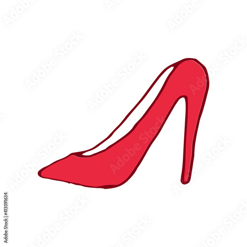 red high heel shoe vector illustration on white background. high heel icon. sexy and glamour for woman. beauty shoes. hand drawn vector. doodle for logo, branding, sticker, advertising, clipart. 