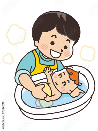 赤ちゃんを沐浴させる父親