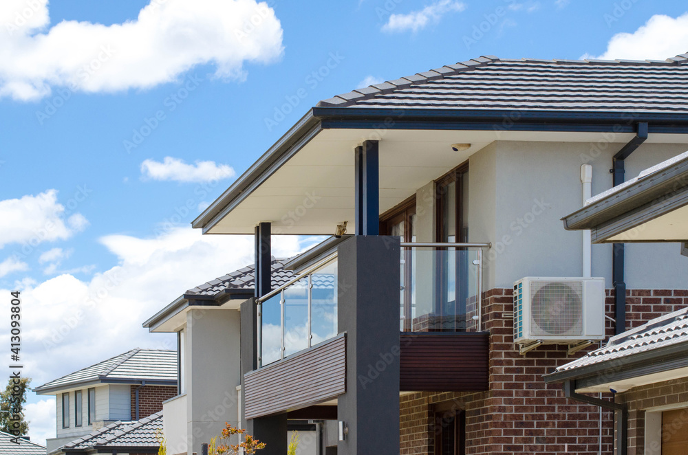 The balcony of a modern two-story residential house or Australian home in a suburb. Concept of real estate development, the housing market, or residence. Melbourne, VIC Australia.
