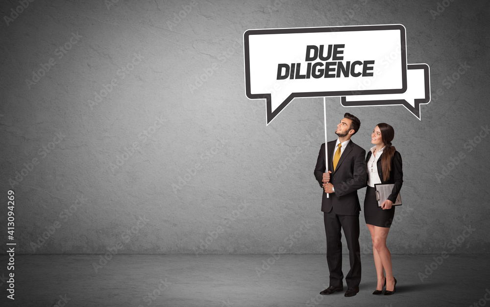 Young business person in casual holding road sign with DUE DILIGENCE inscription, new business idea concept Young business person in casual holding road sign with DUE DILIGENCE inscription, new business idea concept
