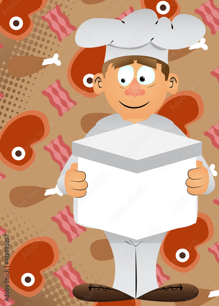Fat male cartoon chef in uniform holding big white box. Vector illustration. Fat male cartoon chef in uniform holding big white box. Vector illustration.