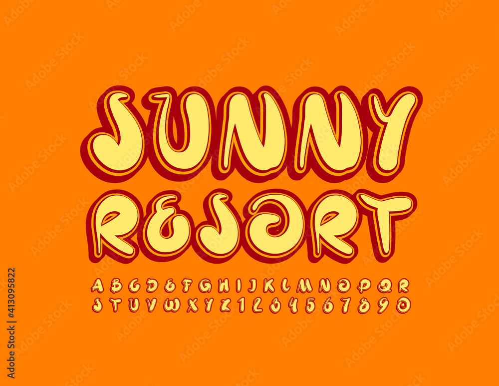 Vector bright banner Sunny Resort. Playful comic Font. Modern Alphabet Letters and Numbers set