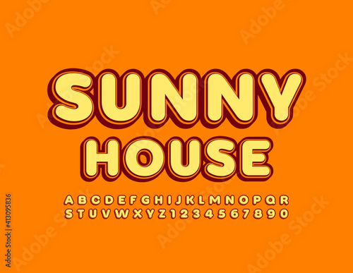 Vector bright emblem Sunny House. Creative Uppercase Font. Trendy Alphabet Letters and Numbers set