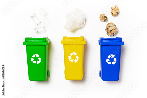 Separation recycle. Yellow, green, blue dustbin for recycle plastic, paper and glass can trash isolated on white background. Bin container for disposal garbage waste and save environment.