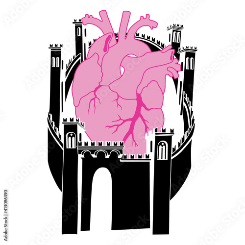 Human heart inside fortified medieval castle. Creative romantic concept.