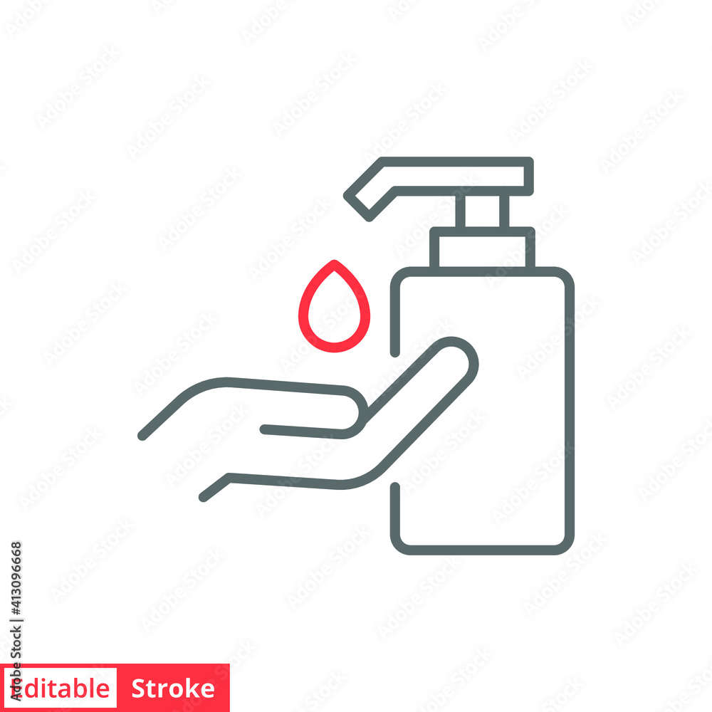 Hand sanitizer icon, line style. Washing hand with sanitizer liquid soap. Vector illustration. Design on white background. Editable stroke EPS 10 Hand sanitizer icon, line style. Washing hand with sanitizer liquid soap. Vector illustration. Design on white background. Editable stroke EPS 10