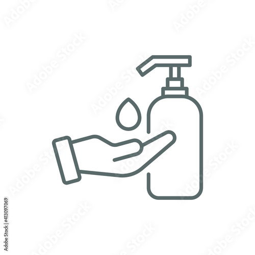 Hand sanitizer icon, line style. Washing hand with sanitizer liquid soap. Vector illustration. Design on white background. EPS 10