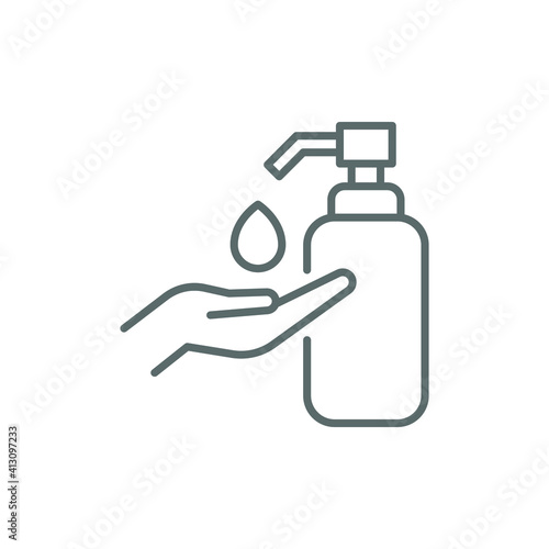 Hand sanitizer icon, line style. Washing hand with sanitizer liquid soap. Vector illustration. Design on white background. EPS 10