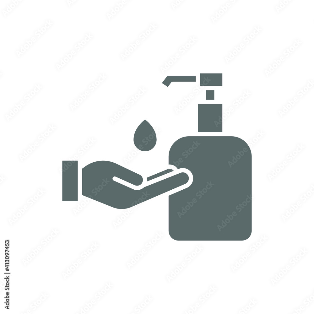 Hand sanitizer icon, solid style. Washing hand with sanitizer liquid soap. Vector illustration. Design on white background. EPS 10 Hand sanitizer icon, solid style. Washing hand with sanitizer liquid soap. Vector illustration. Design on white background. EPS 10