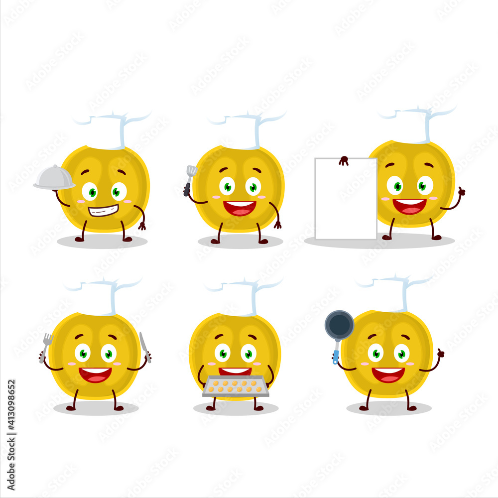 Cartoon character of slice of nance with various chef emoticons