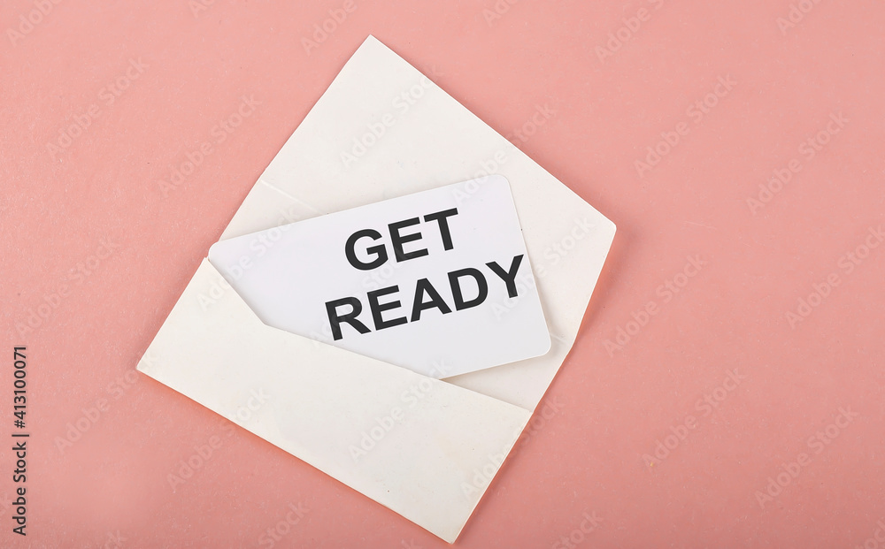 Word Writing Text Get ready on card on pink background Word Writing Text Get ready on card on pink background