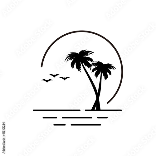 Beach with palm tree icon logo design template vector