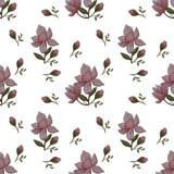 Seamless pattern with magnolia flowers on a white background. Can be used for fabric, clothing, postcards, pretty wrappers. The design is done in watercolor.