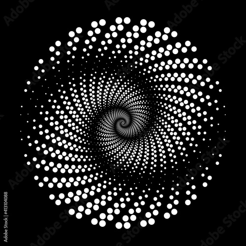 White vector halftone dotted stripes in spiral form. Vector illustration. Design element for technology round logo, striped border frame, blackout tattoo, monochrome pattern and abstract background