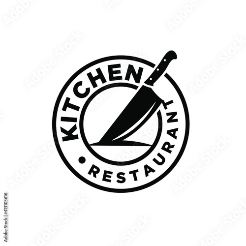 Restaurant logo concept butcher knife template vector object for logotype or badge Design. premium retro vintage style Knifes inside the circle silhouette illustration isolated design.