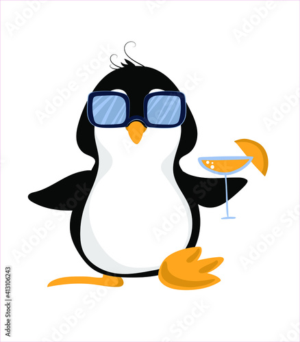 
Cute penguin with glasses and a cocktail.Humor illustration. Print for T-shirts, sweatshirts, sweaters. 