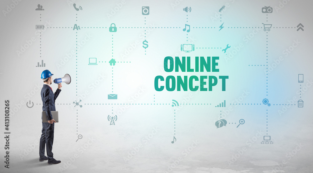Engineer working on a new social media platform with ONLINE CONCEPT inscription concept Engineer working on a new social media platform with ONLINE CONCEPT inscription concept