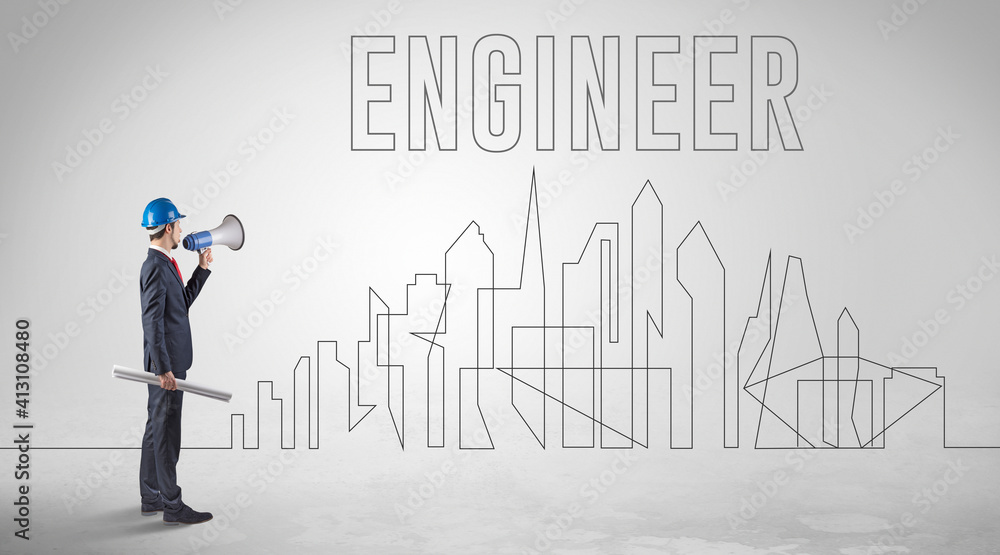 Businessman in hard hat holding blueprint with ENGINEER inscription, engineering and architecture concept Businessman in hard hat holding blueprint with ENGINEER inscription, engineering and architecture concept