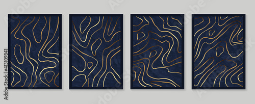 Luxury gold wallpaper.  Black and golden background. Mountain wall art design with dark blue and green color, shiny golden light texture. Modern art mural wallpaper. Vector illustration.