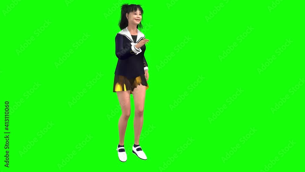 3d animation of a Japanese avatar girl running happily to meet some one and standing and talking. 3d animation of a Japanese avatar girl running happily to meet some one and standing and talking.