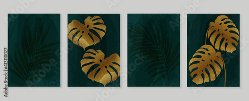 Botanical wall art vector set. Golden foliage line art drawing with  abstract shape.  Abstract Plant Art design for wall framed prints, canvas prints, poster, home decor, cover, wallpaper.