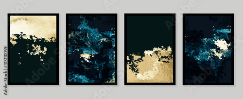 Luxury gold wallpaper.  Black and golden background. Grunge wall art design with dark blue and green color, shiny golden light texture. Modern art mural wallpaper. Vector illustration.