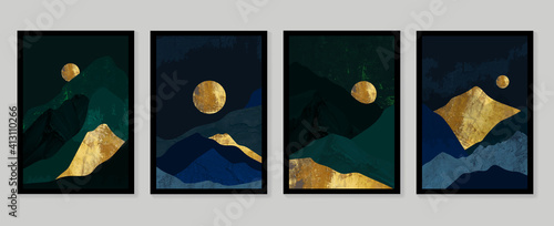 Luxury gold wallpaper.  Black and golden background. Mountain wall art design with dark blue and green color, shiny golden light texture. Modern art mural wallpaper. Vector illustration.