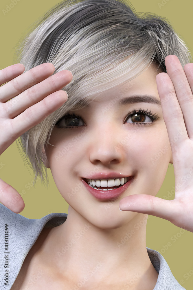 笑顔の日本人女性がボーイッシュなヘアスタイルでアッシュカラーにし両手を広げ三角を作ろうとしている Stock Illustration Adobe Stock