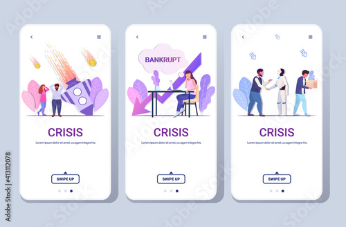 set mix race businesspeople frustrated about financial crisis startup failure bankrupt investment risk concept smartphone screens collection full length horizontal copy space vector illustration