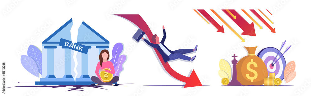 Obraz premium set falling arrows decrease economy stretching rising drop financial crisis failure budget collapse downward graph concepts collection horizontal full length vector illustration