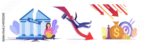 set falling arrows decrease economy stretching rising drop financial crisis failure budget collapse downward graph concepts collection horizontal full length vector illustration