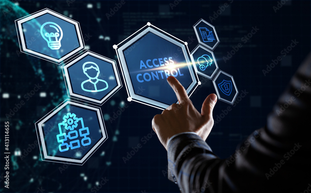 Business, Technology, Internet and network concept. Business man working on the tablet of the future, select on the virtual display: Access control