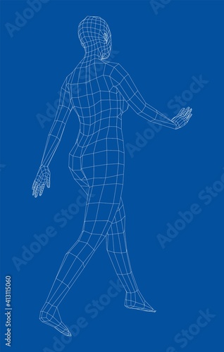 Wireframe walking woman. Vector