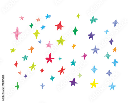 手書きの色鉛筆で描いたカラフルな星　Colorful stars drawn with handwritten colored pencils