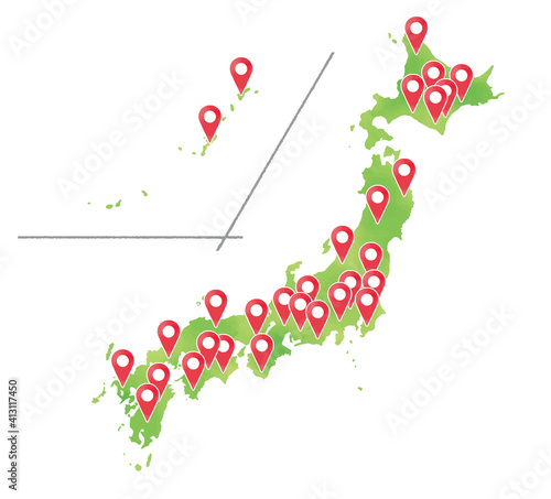 水彩タッチの日本列島にピンがたくさん刺さったイラスト
