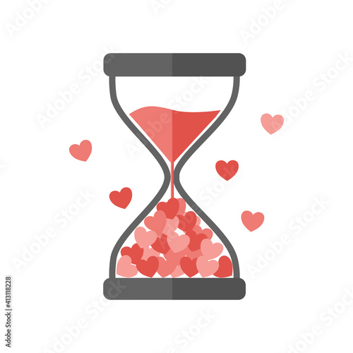 Pink hearts flowing in hourglass in flat design on white background. Time of love. Design for Valentine’s Day greeting card, poster, wedding, banner. 