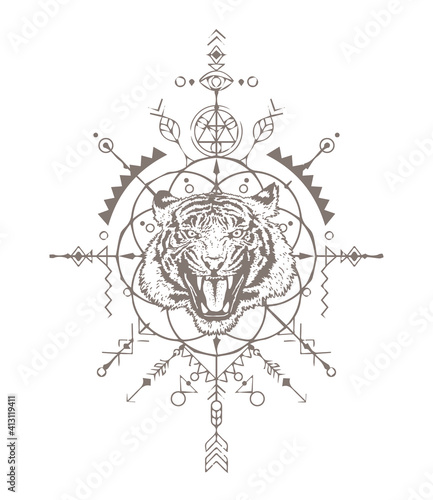 Angry tiger head. The grin of a tiger. Sacred geometry. T-shirt print. Detailed drawing of a tiger.
