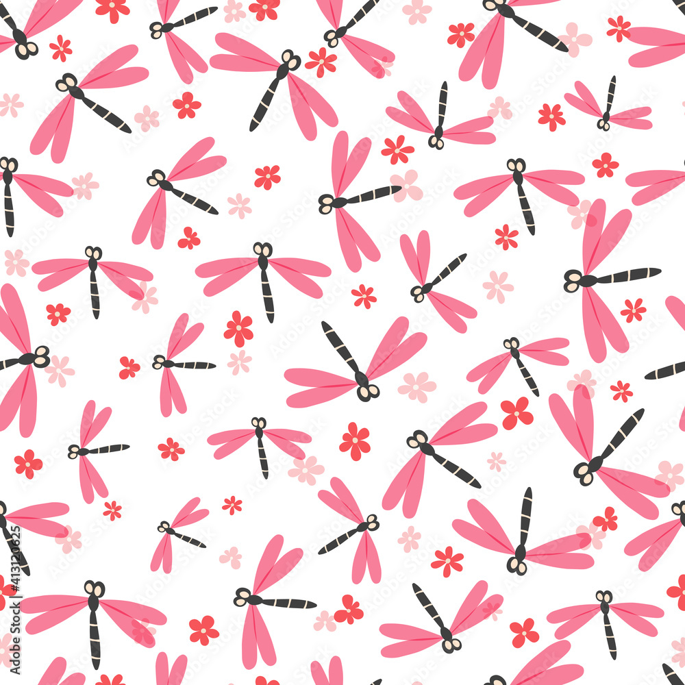 Seamless pattern with color dragonfly and flowers on white background. Romantic vector illustration. Adorable cartoon character. Template design for invitation, textile, fabric. Doodle style Seamless pattern with color dragonfly and flowers on white background. Romantic vector illustration. Adorable cartoon character. Template design for invitation, textile, fabric. Doodle style