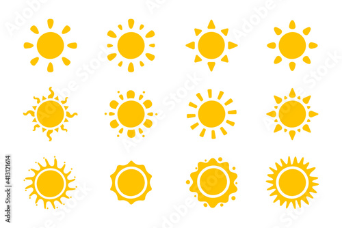 Vector cartoon yellow sun Shining light rays to heat the summer. Isolated on white background